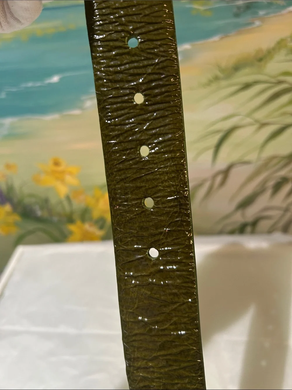Michael Kors Olive Green Wide Crinkle Patent Leather Belt with Brass Buckle